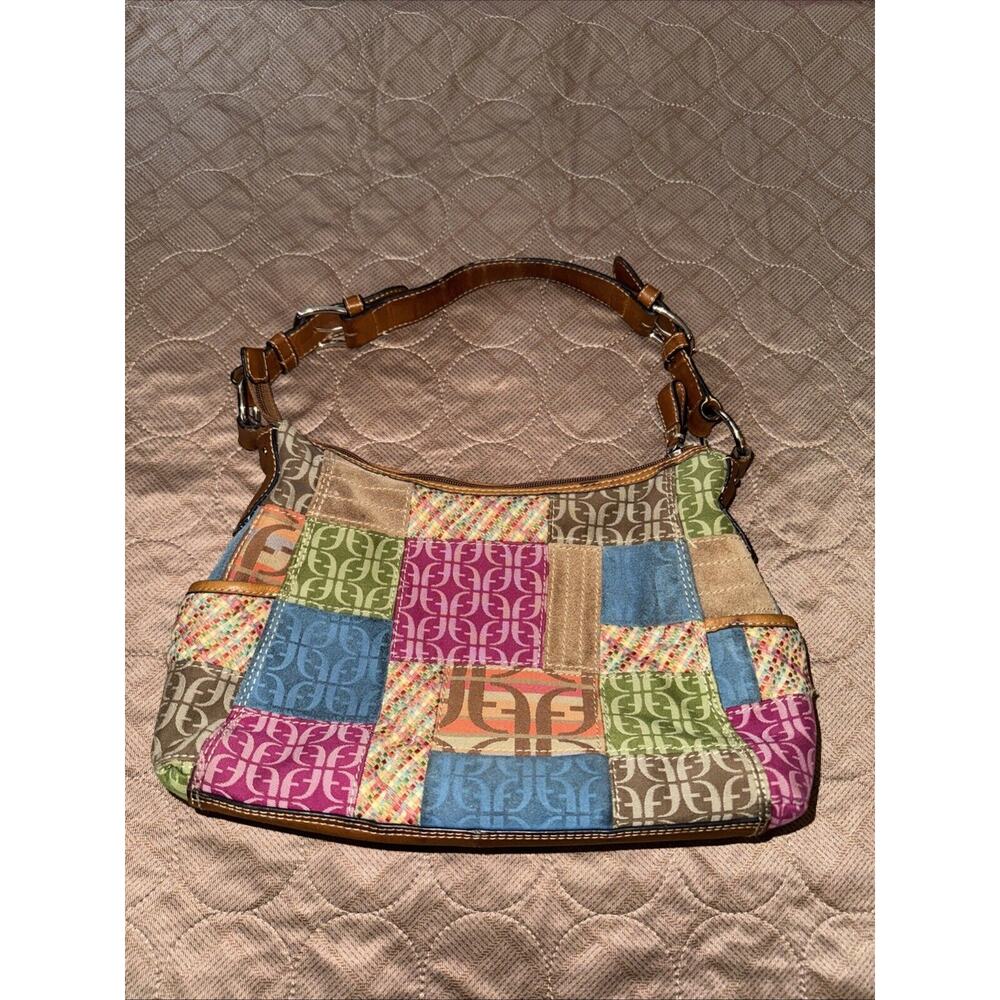 Fossil Purse Fabric Patchwork Small Handbag Handle Leather Accents Inner Pockets